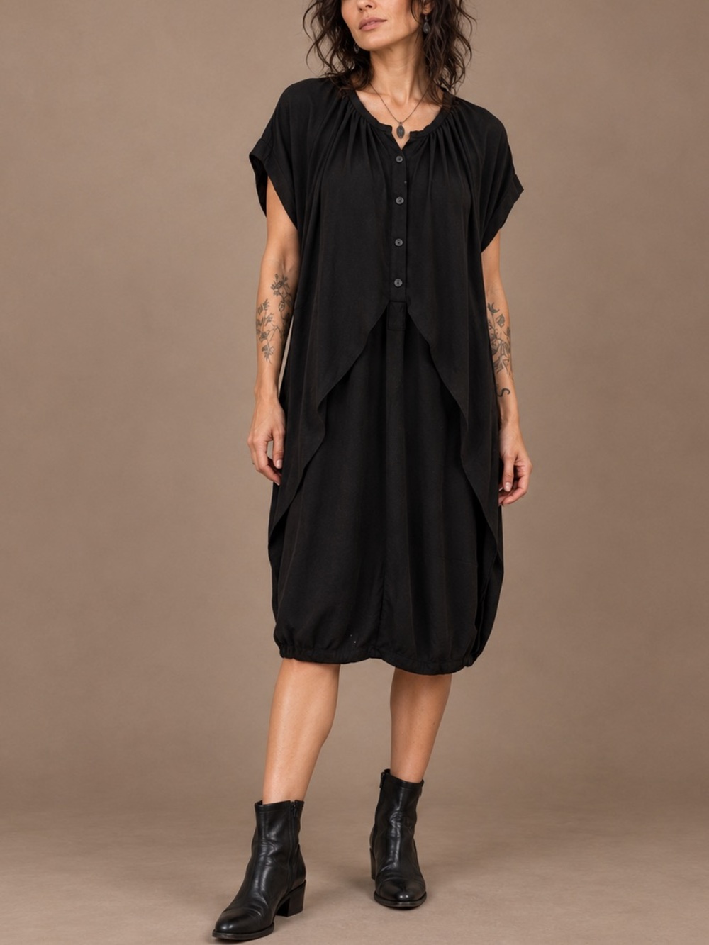 Eryn Brinie Black Cocoon Dress S Layered Short Sleeve Minimalist Architectural